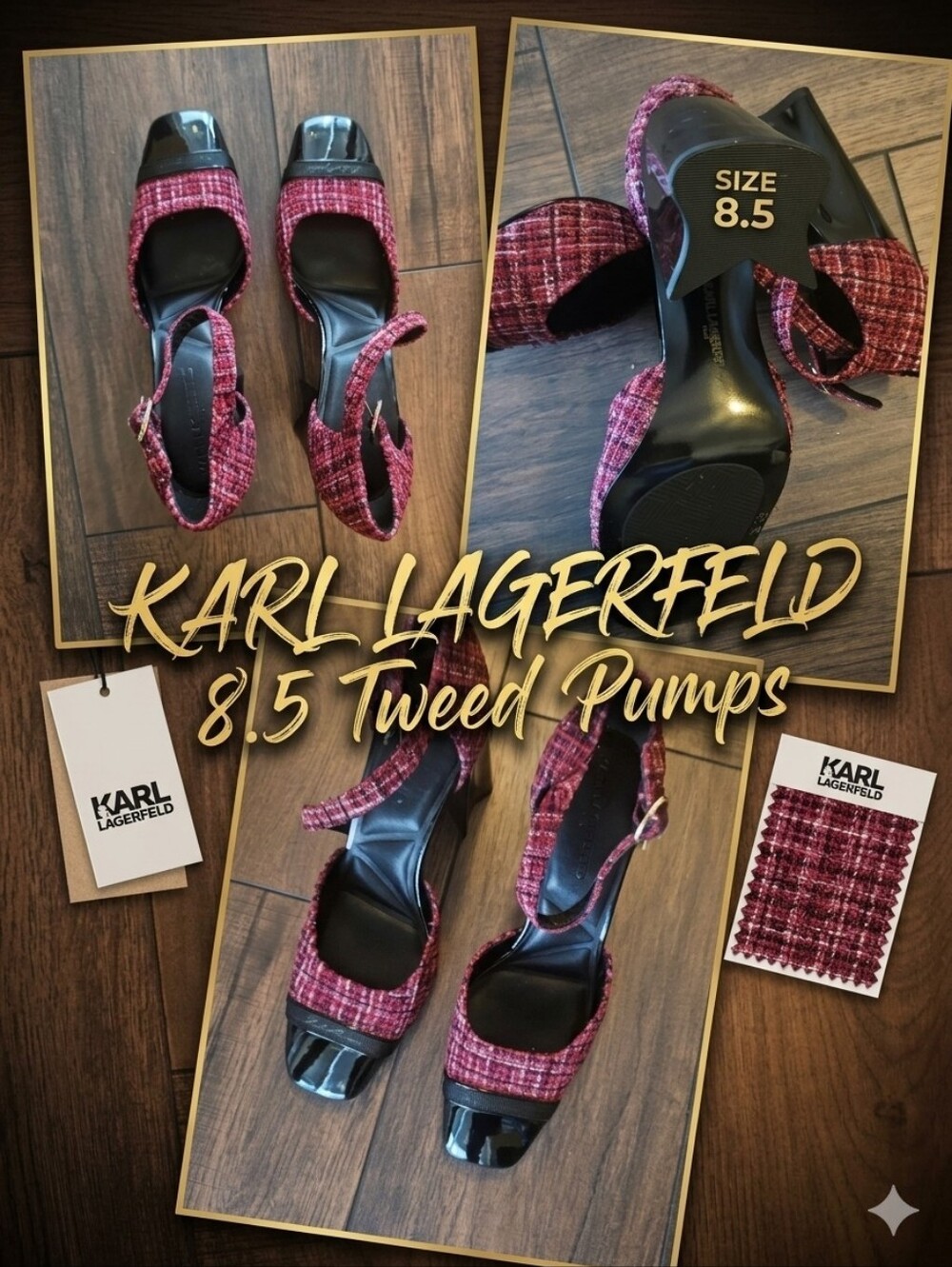 Karl Lagerfeld Pink Tweed & Black Patent Cap Toe Ankle Strap Heels Size 8.5 NWOB